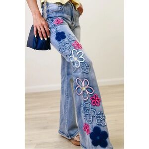 Oli & Hali Eye Candy Washed Floral Patched + Embroidered Flares